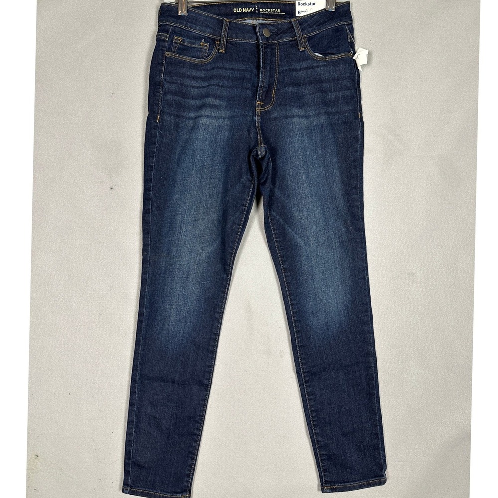 NEW Old Navy Rockstar Jeans Womens 6 Short Mid-Rise Skinny Dark Wash Blue Denim